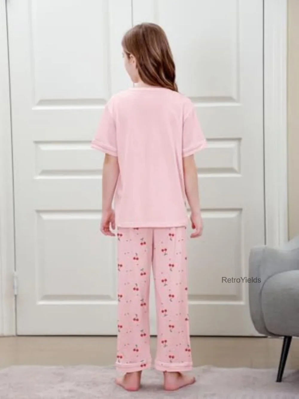 3PC Cotton Pajama Set Short Sleeve Tee Shorts Pants Girls Sleepwear Lounge
